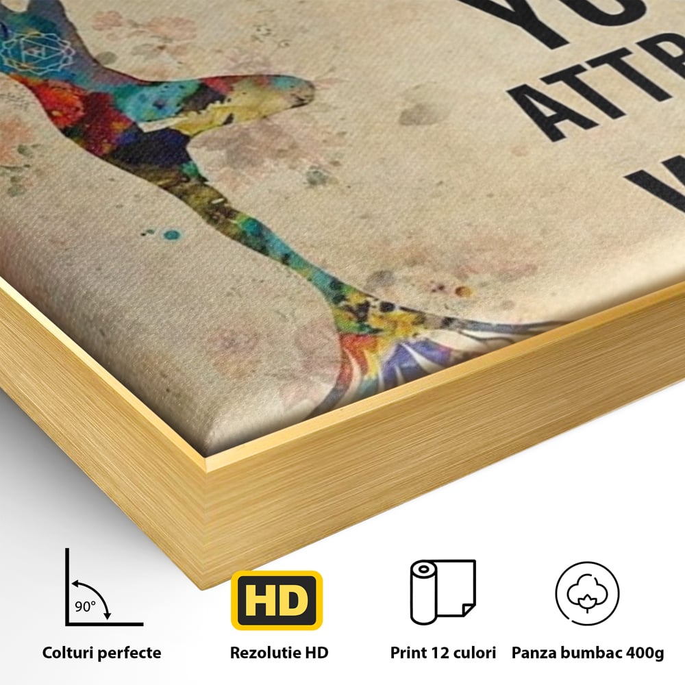 Detaliu al suprafetei: tablou canvas motivational cu silueta si copac, in rama de aluminiu auriu
